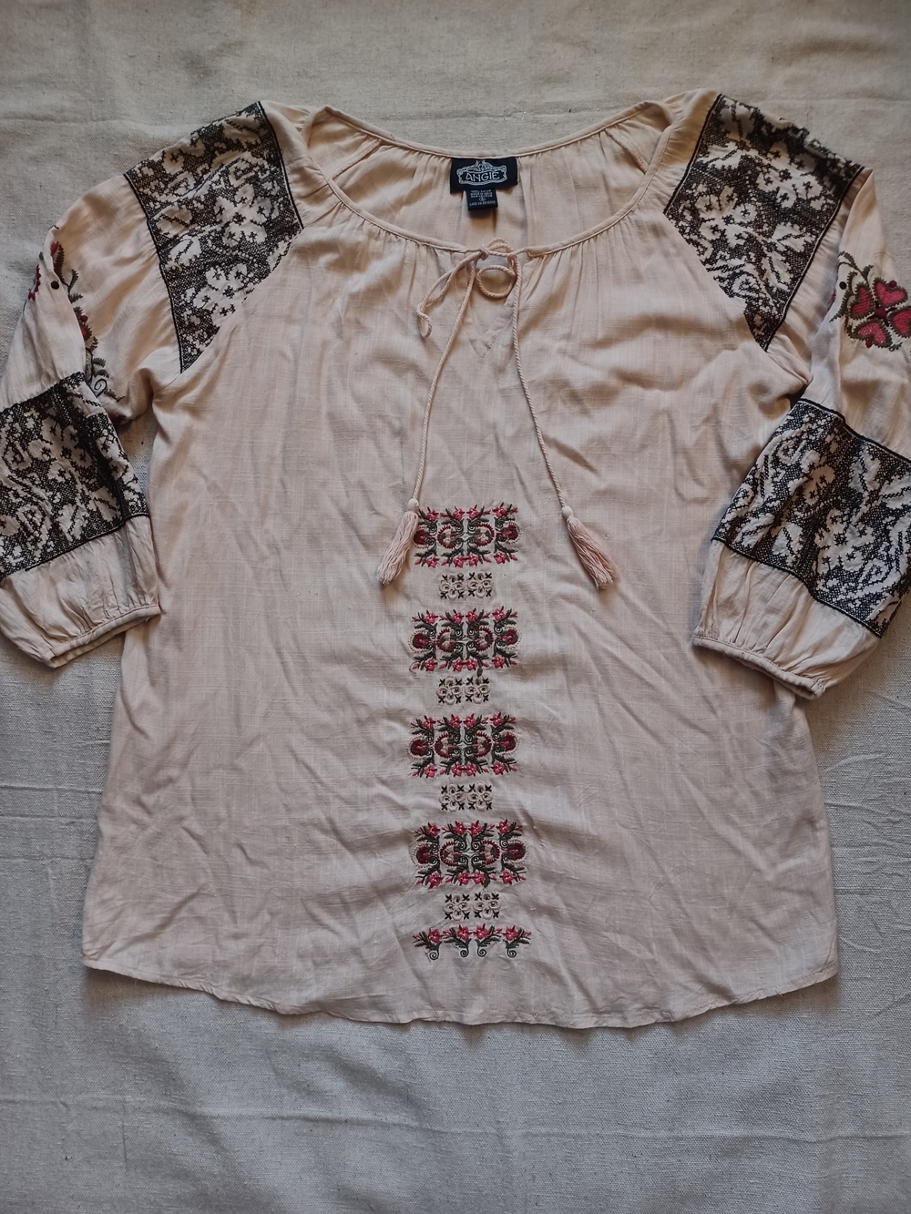 Angie Beige Peasant Blouse with Black & Pink Embroidery Women's Size Small